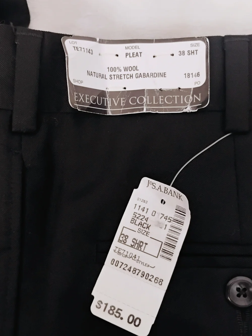 Jos A Bank Executive 100%‎ Wool Pleated Black Dress Pants Sz 38 Unhemmed NEW U